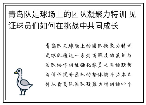 青岛队足球场上的团队凝聚力特训 见证球员们如何在挑战中共同成长